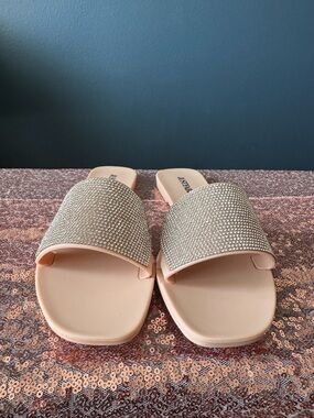 JustFab Blush Slide Sandals with Rhinestone Band